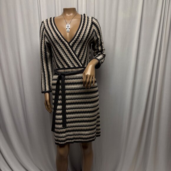 Donna Ricco Chevron Knit Faux Wrap Dress Womens Size Small Long Sleeve V-Neck - Picture 1 of 8